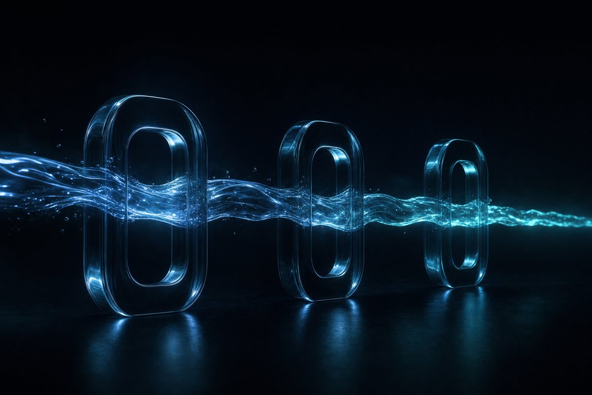 One unbroken stream of light passing through three glass gates — plan, build, and turn it on, with no hand-offs