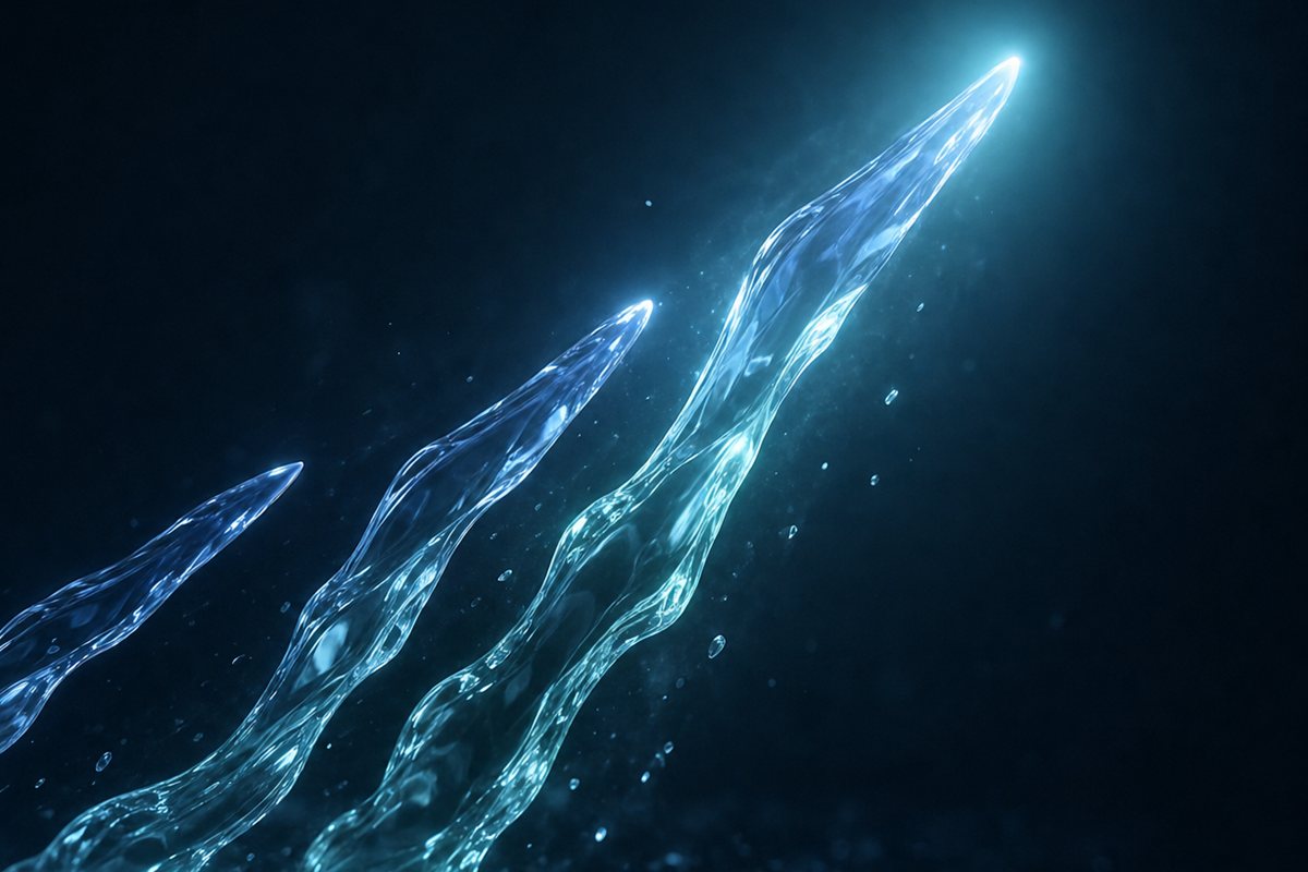Three streams of liquid light accelerating upward through darkness, the lead stream flaring brightest — AI systems gaining momentum