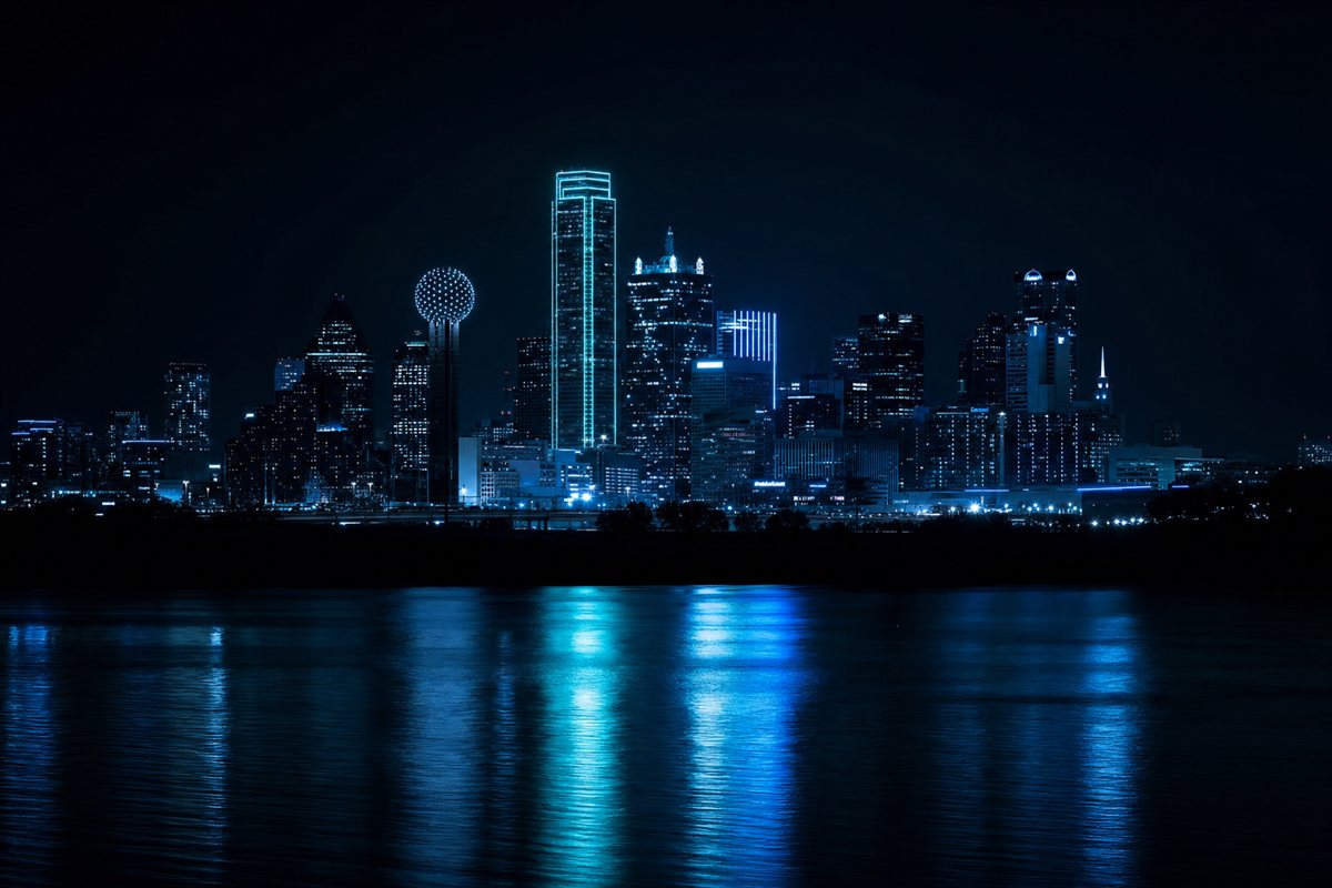 Downtown Dallas skyline at night in an ice-blue color grade, reflected in dark water