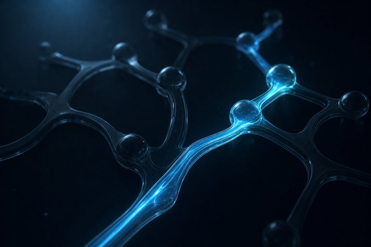 Branching glass pathways in darkness with a single route lit end to end — an AI agent executing one chosen workflow