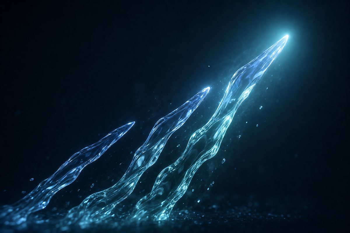 Three streams of light rising through the dark