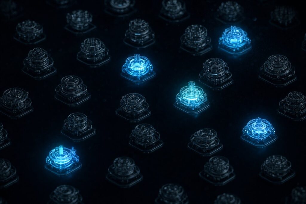 A grid of small glass mechanisms in darkness with several lit and running — selected automations in motion