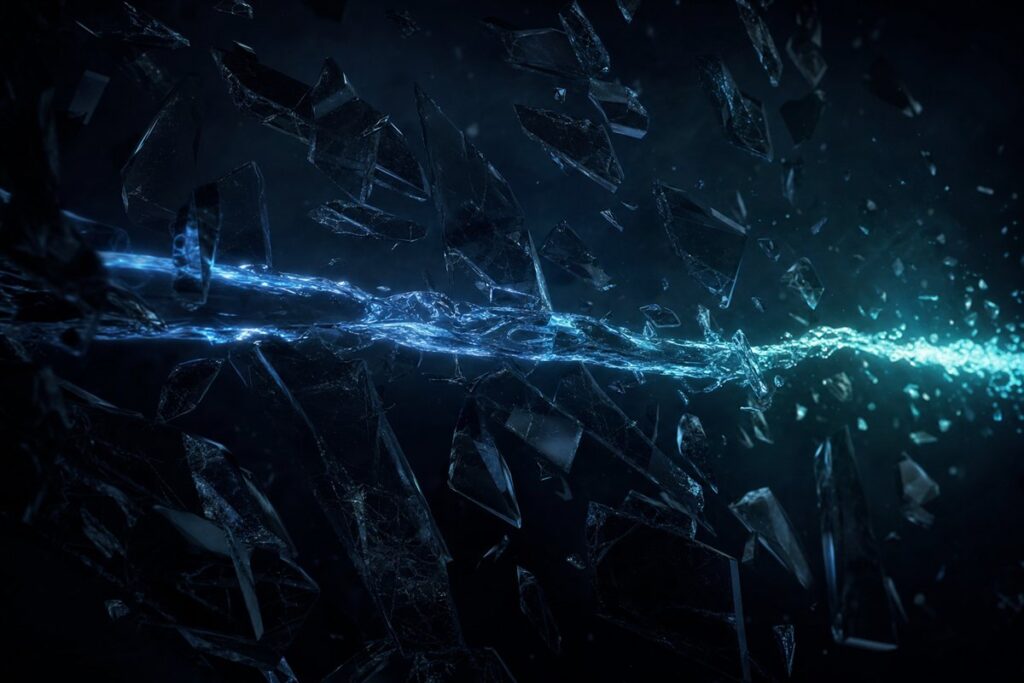A single stream of light cutting through a field of shattered dark glass