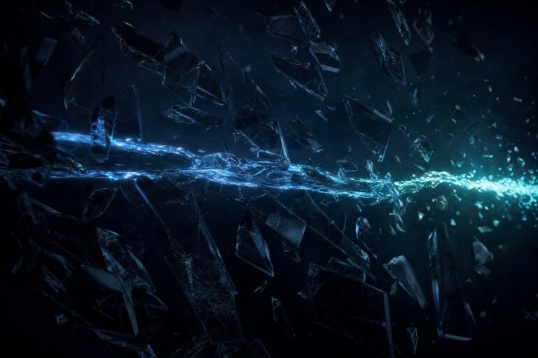A single stream of light cutting through a field of shattered dark glass